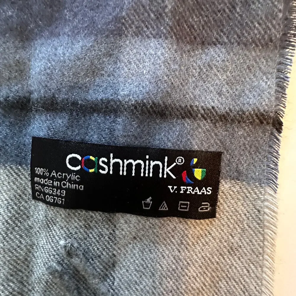 V. Frass Cashmink Gray Plaid Scarf Fringed Warm Cozy Preppy Classic Heritage